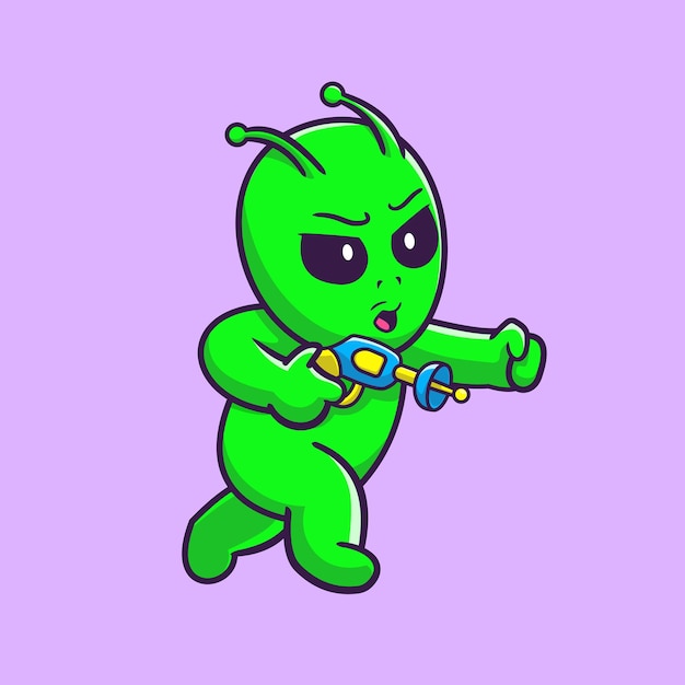 Cute Alien Fighting Use Space Gun Pistol Cartoon Vector Icon Illustration Science Technology Icon