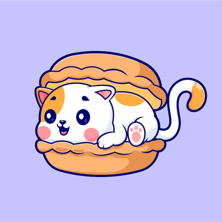 Vecteur gratuit cute cat in pie cartoon vector icon illustration icon de nourriture animale vector plat isolé