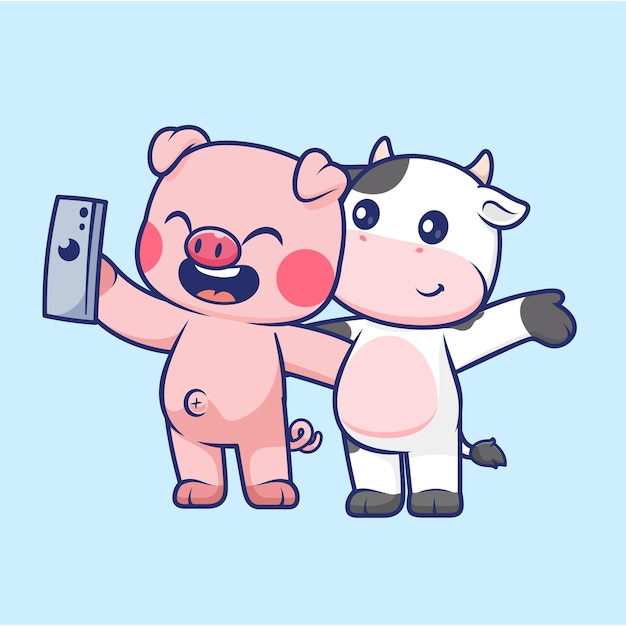 Cute Cochon Et Vache Selfie Avec Téléphone Dessin Animé Icône Vectorielle Illustration Technologie Animale Isolée