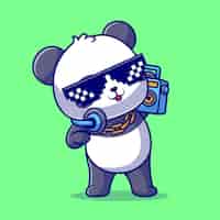 Vecteur gratuit cute cool panda écouter de la musique avec boombox et casque cartoon vector icon illustration animal
