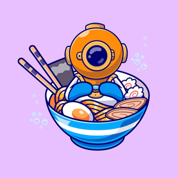 Vecteur gratuit cute diver in ramen noodle cartoon vector icon illustration science icon alimentaire vector plat isolé il s'agit d'une icône de dessin animé qui est utilisée dans de nombreux films.