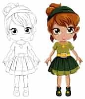 Vecteur gratuit cute girl cartoonl et son personnage de coloriage doodle