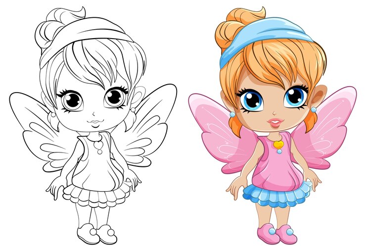 Vecteur gratuit cute girl cartoonl et son personnage de coloriage doodle