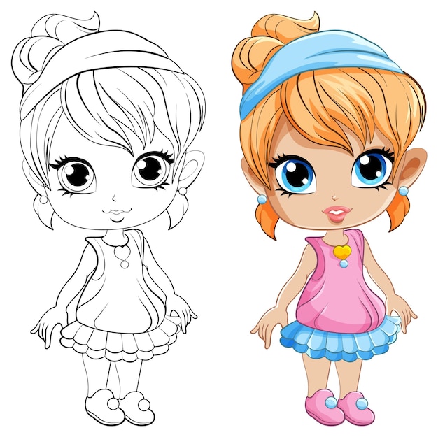 Vecteur gratuit cute girl cartoonl et son personnage de coloriage doodle