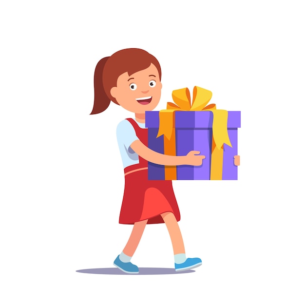 Cute Girl Holding Big Ribbon Bow Wrapped Gift Box