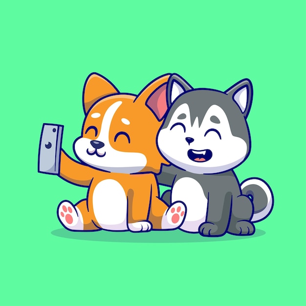 Cute Husky Et Corgi Chien Selfie Avec Téléphone Dessin Animé Vectoriel Icône Illustration Technologie Animale Plat