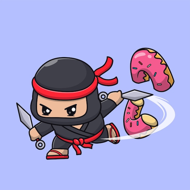 Cute Ninja Slash Donut Avec Un Couteau Kunai Icône Vectorielle De Dessin Animé Illustration De Personnes Nourriture Isolée à Plat