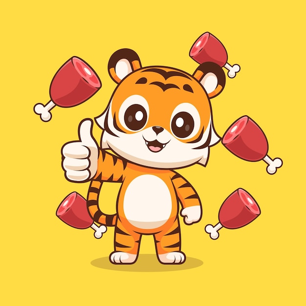 Vecteur gratuit cute tiger thumbs up avec de la viande cartoon icône vectorielle illustration icône de nourriture animale concept isolé