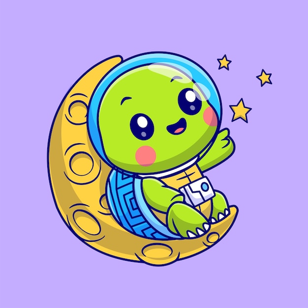 Vecteur gratuit cute tortue astronaute attrapant une étoile sur la lune dessin animé icône vectorielle illustration science animale isolée