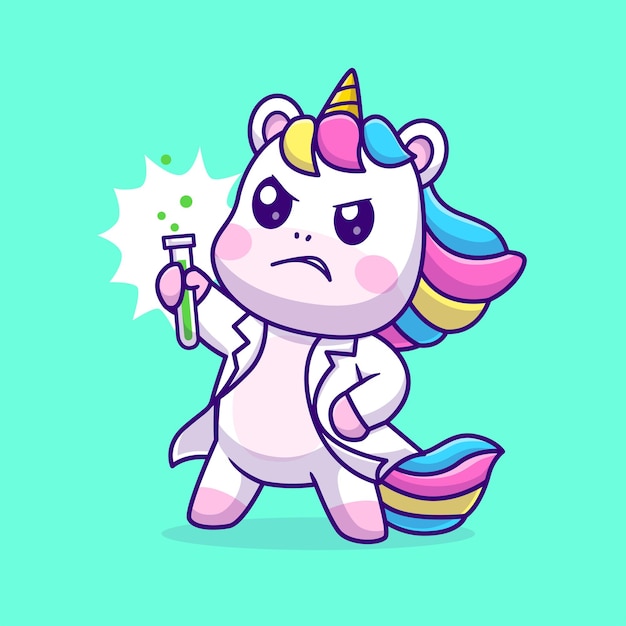 Vecteur gratuit cute unicorn scientist tenant le tube de laboratoire cartoon vector icon illustration la science animale est isolée