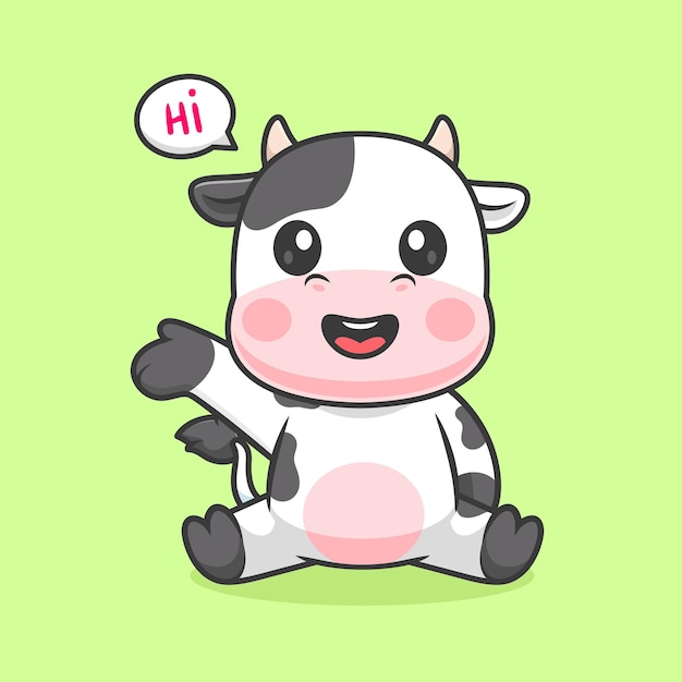 Vecteur gratuit cute vache assise et agitant la main dessin animé icône vectorielle illustration nature animale isolée plat