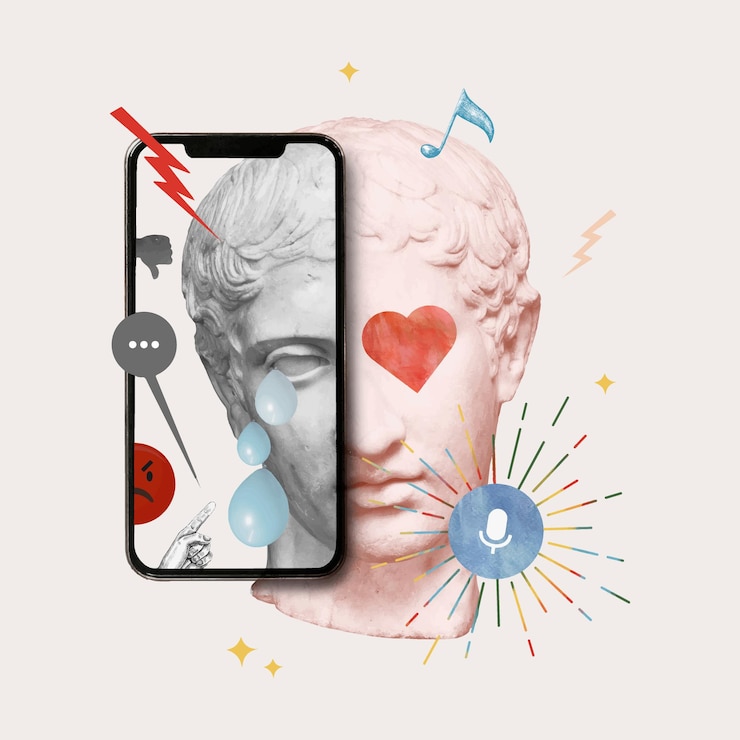 Vecteur gratuit cyberintimidation médias mixtes pleurant un post esthétique de la statue d'un dieu grec