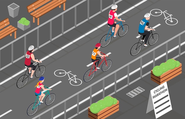 Vecteur gratuit cyclistes participant au marathon de vélo de ville isométrique