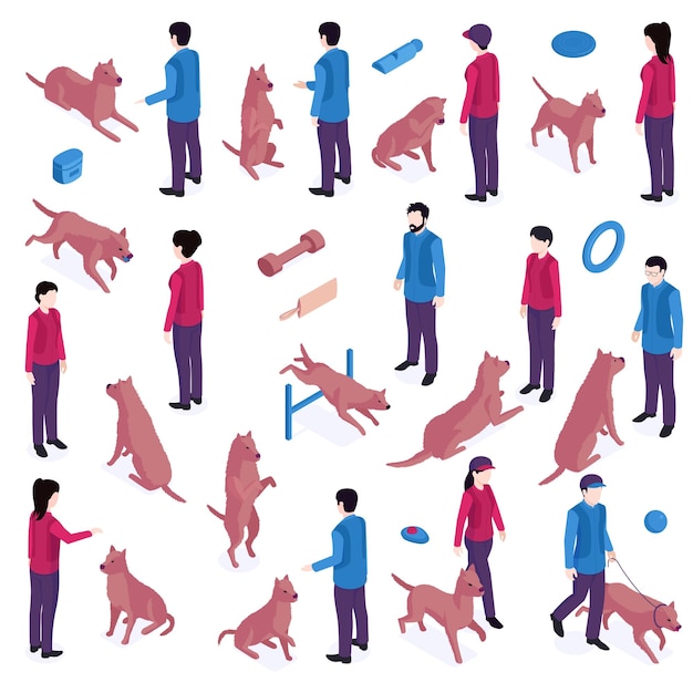 Vecteur gratuit cynologue de formation de chien isométrique sertie d'icônes isolées de barrières de jouets et de personnages humains éduquant les chiens illustration vectorielle