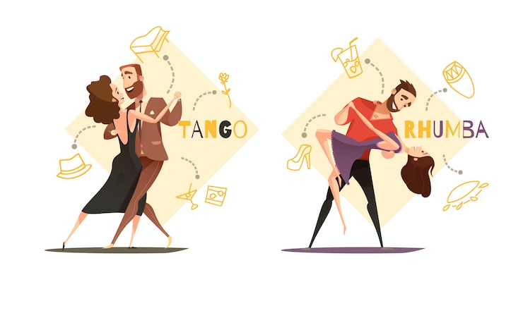 Vecteur gratuit danse de tango et rhumba couples 2 modèles de dessin animé rétro avec des icônes d'accessoires style web isolés