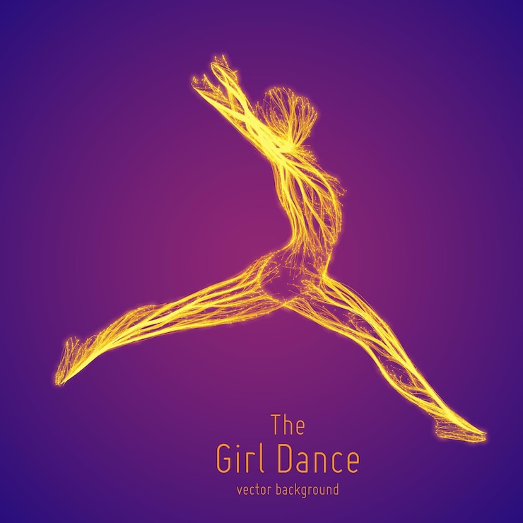 Vecteur gratuit danseuse de vecteur dans un saut construit avec des lignes et des particules incandescentes pose de danse volante élégante concept de beauté de la femme en mouvement de danse silhouette féminine complexe dans un club