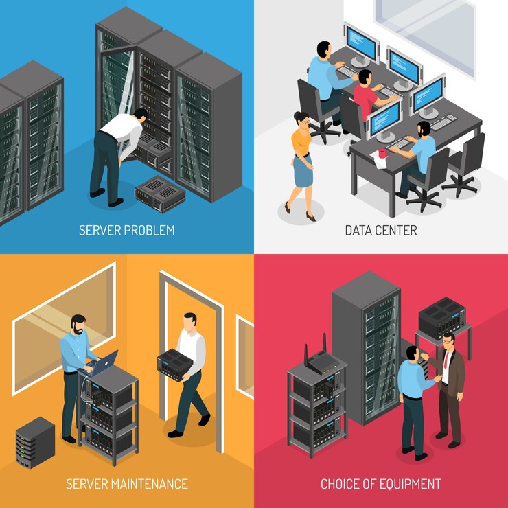 Vecteur gratuit datacenter isometric illustration set