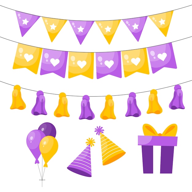 Vecteur gratuit décoration d'anniversaire avec des éléments jaunes et violets