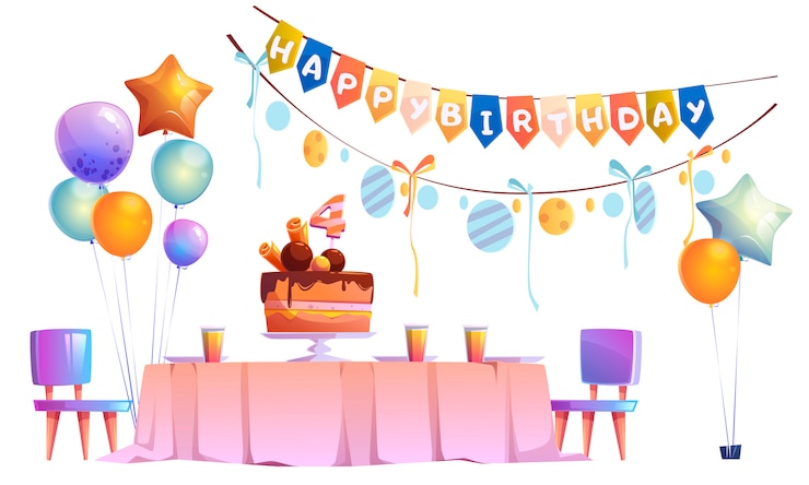 Vecteur gratuit décoration de fête d'anniversaire pour enfants et gâteau de fête