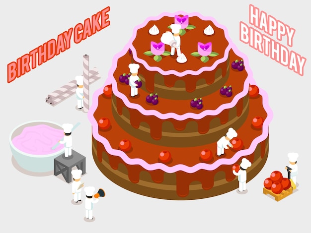Vecteur gratuit décoration de gâteau sucré d'anniversaire. gens isométriques décorant une illustration de gâteau