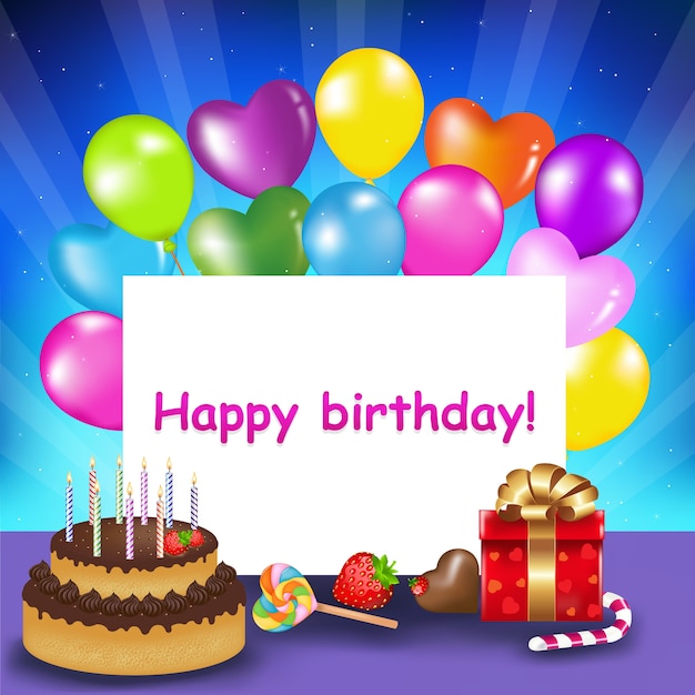 Decoration Prete Pour L Anniversaire Avec Gateau D Anniversaire Avec Bougies Ballons Bonbons Et Cadeaux Illustration Vecteur Premium