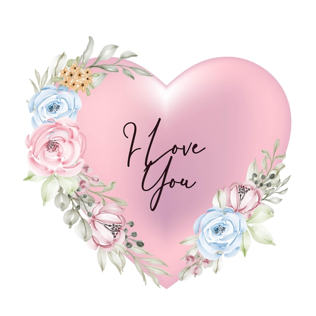Décoration rose Saint Valentin forme avec je t'aime mot script fleur aquarelle