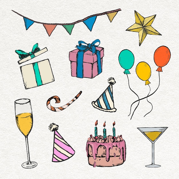 Vecteur gratuit décorations de fête d'anniversaire autocollant ensemble d'illustrations vintage colorées