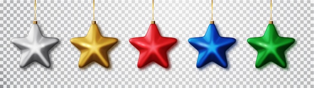 Vecteur gratuit décorations de noël en forme d'étoile collection d'étoiles réalistes de différentes couleurs fond transparent isolé