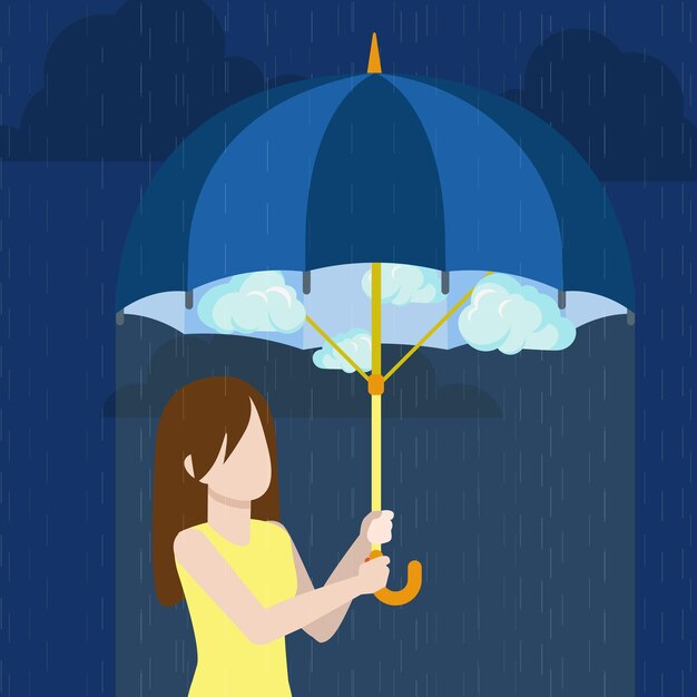 Défendez la défense contre le concept de problème. Brunet jeune femme sous un ciel nuageux. Fille sous parapluie temps pluvieux à l'extérieur chaud ensoleillé à l'intérieur illustration de style plat sur fond bleu foncé.