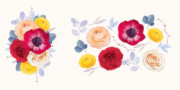 Vecteur gratuit définir des éléments d'aquarelle d'anémone rose rouge et de fleur de renoncule