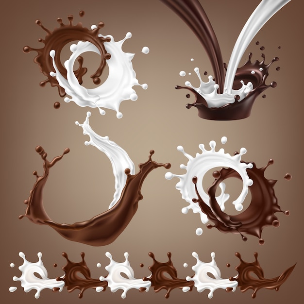 Définir des illustrations 3D vectorielles, des éclaboussures et des gouttes de chocolat noir fondu, du café chaud et du mélange de lait mélangé