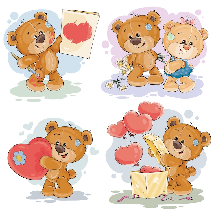 Vecteur gratuit définir des illustrations vectorielles d&#39;ours en peluche