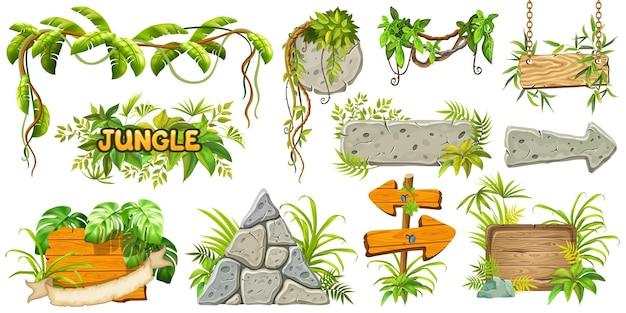 Vecteur gratuit définir des planches en bois et en pierre de jeu de dessin animé panneaux d'interface graphique isolés avec des lianes tropicales
