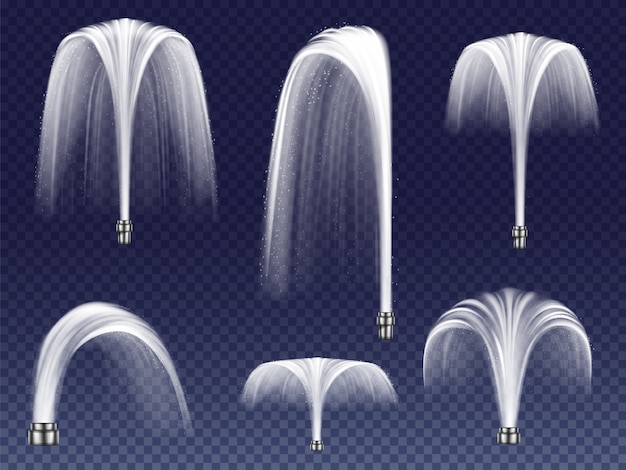 Vecteur gratuit définissez des fontaines réalistes de différentes formes. grands et petits geysers, jets d'eau en chute