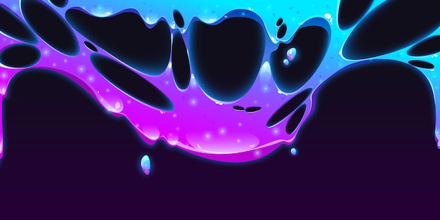 Dégoulinant de bordure de boue liquide Texture d'éclaboussures de goo collantes isolées sur fond noir Illustration vectorielle de dessin animé de mucus visqueux néon bleu et violet avec des paillettes