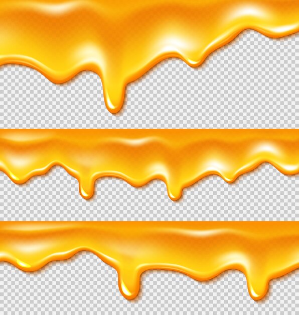 Dégoulinant de bordures de miel liquide or isolés sur fond transparent. ensemble réaliste d'écoulement de sirop avec des gouttes, de l'huile, du caramel collant ou de la crème d'orange douce