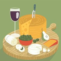 Vecteur gratuit délicieuse collation de fromage sur une planche à découper avec du vin