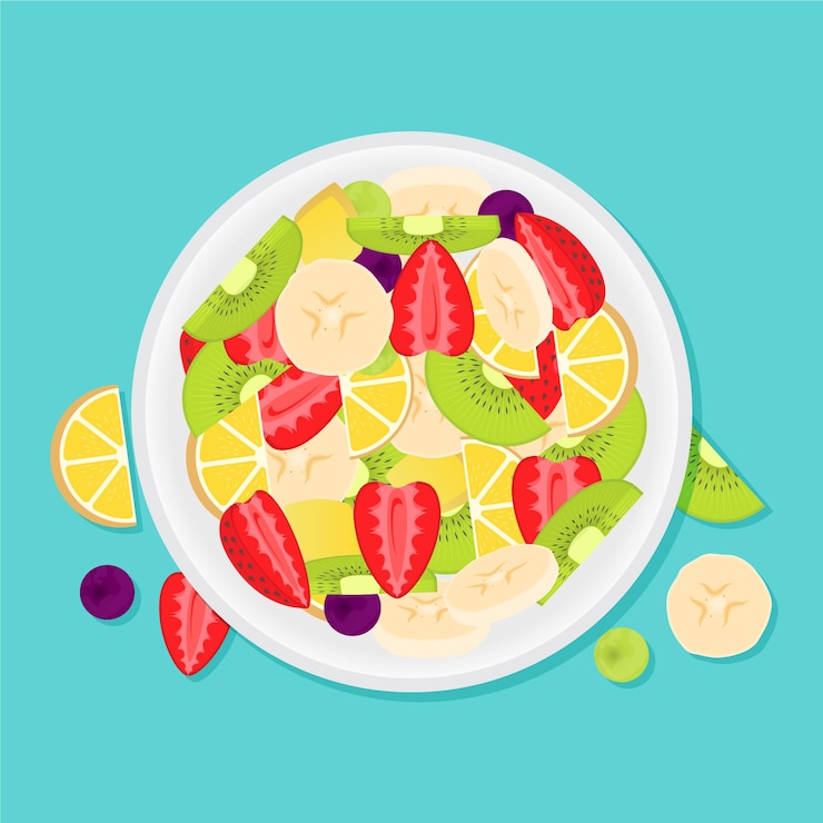 Vecteur gratuit délicieuse salade de fruits dans un bol blanc vue de dessus