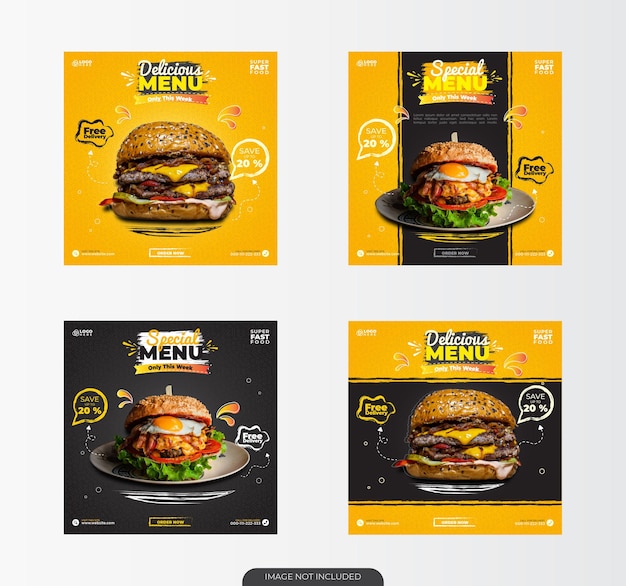 Délicieux burger menu promotion vente publication sur les réseaux sociaux