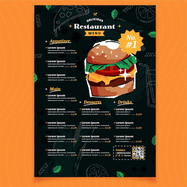 Vecteur gratuit délicieux menu de restaurant avec hamburger