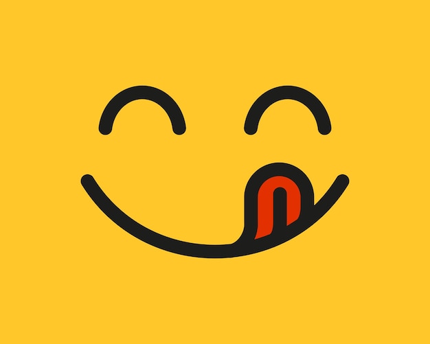 Délicieux sourire emoji avec la langue lécher la bouche. délicieux symbole de nourriture savoureuse pour le réseau social. icône délicieuse et affamée. gourmand salé. profitez du signe de la nourriture. illustration vectorielle isolée sur fond jaune