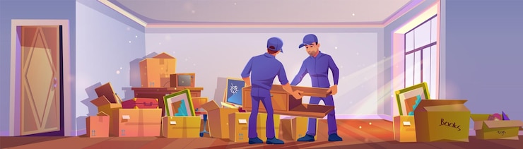 Vecteur gratuit déménagement d'un appartement ou d'une maison deux porteurs déchargeant des meubles et des cartons avec des effets personnels dans une pièce vide de la nouvelle maison déménagement familial et changement de concept de services de livraison de logement
