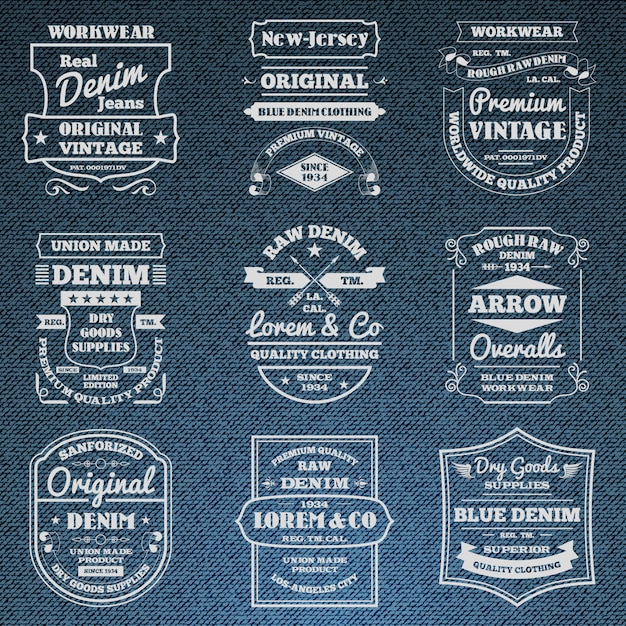 Vecteur gratuit denim jeans typographie logo emblèmes ensemble