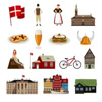 Denmark flat style icons set