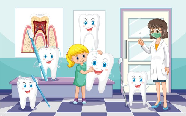 Dentiste et enfant heureux tenant une grosse dent avec des dents heureuses en clin