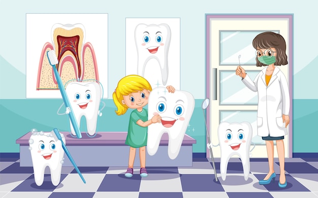 Dentiste et enfant heureux tenant une grosse dent avec des dents heureuses en clin