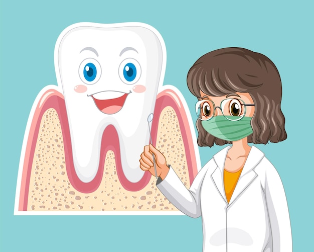 Dentiste heureux tenant un miroir dentaire avec une grosse dent sur bleu clair