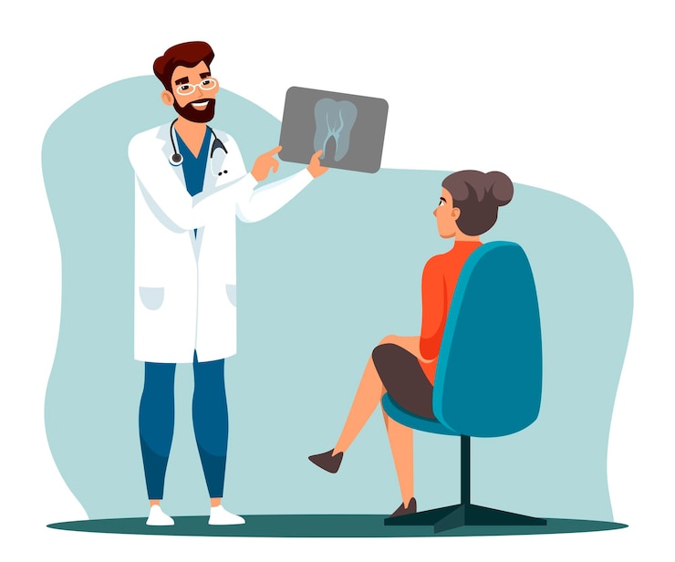 Vecteur gratuit un dentiste montre une dent radiographique au patient.