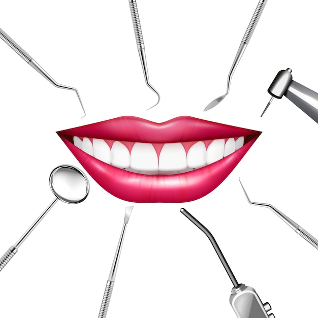 Dentiste En Stomatologie Sourire Composition Réaliste Avec Des Images De Bouche Humaine Souriante Entourée D'une Illustration D'outils Dentaires Manuels