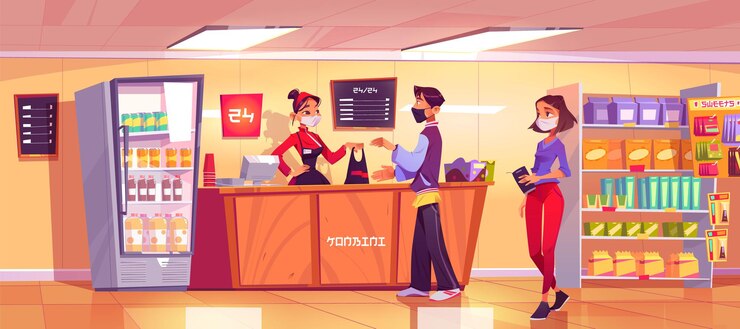 Vecteur gratuit dépanneur avec femme vendeur au comptoir et personnes en file d'attente.